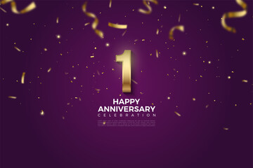 1st anniversary with golden numbers on purple background and falling gold ribbons.