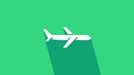 Sticker - White Plane icon isolated on green background. Flying airplane icon. Airliner sign. 4K Video motion graphic animation.