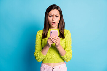 Poster - Photo of young girl sad unhappy shocked amazed fake news rumor bad comment isolated over blue color background