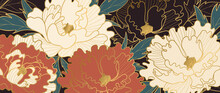 Luxury Gold Floral Oriental Style Background Vector. Flower Wallpaper Design With Peony Flower, Japanese, Chinese Oriental Line Art With Golden Texture. Vector Illustration.
