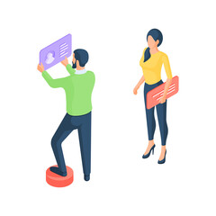 Wall Mural - Cartoon couple using app on digital device