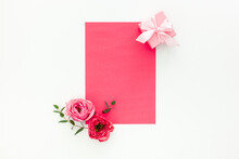 Pink Hearts, Handmade Pink Gift Boxes, Red Roses And Paper.