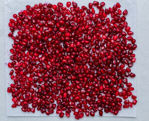 Wall Mural - Red pomegranate seeds on a white background. Close-up. Fruit, food. Photophone, wallpaper, texture, texture. Copy space.