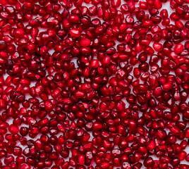 Wall Mural - Red pomegranate seeds on a white background. Close-up. Fruit, food. Photophone, wallpaper, texture, texture. Copy space.