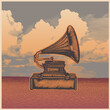 Retro design poster with gramophone, desert and sky. engraving style. raster version