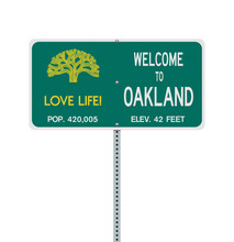 Vector Illustration Of The Welcome To Oakland Green Road Sign On Metallic Post