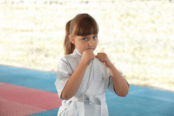 Wall Mural - Girl in kimono practicing karate on tatami outdoors