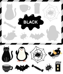 Wall Mural - Black color. Cut the elements and match them with the right shadows. Learning color black educational game for kids. Cut and paste activity for toddlers. Vector illustration