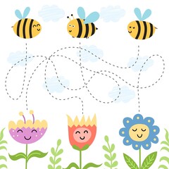 Poster - Help the bees find path to the flowers. Maze game for kids with cute characters. Labyrinth puzzle for school and preschool. Vector illustration