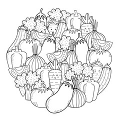 Wall Mural - Circle shape coloring page with doodle vegetables. Eco food black and white print for coloring book. Outline background. Vector illustration