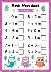 Canvas Print - Math worksheet for kids. Addition. Mathematic activity page with cute owls. Calculate and write the result template. Vector illustration