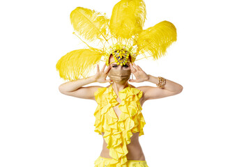 Wall Mural - Looking. Beautiful young woman in carnival masquerade costume with feathers and golden face mask dancing on white background. Concept of holidays celebration, festive time, dance, party. Copyspace