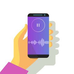 mobile phone in hand sound waveform pattern for music player, podcasts, video editor, voise message in social media chats, voice assistant, recorder. vector illustration