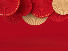 Paper Fan Medallion Chinese New Year Decoration. Concept Of Happy Chinese New Year Festival Background. 3D Rendering