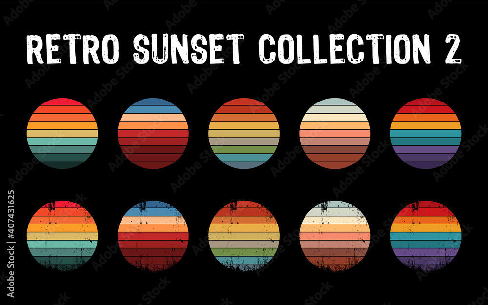 Vintage sunset collection in 70s 80s style. Regular and distressed retro sunset set. Five options with textured versions. Circular gradient background. T shirt design element. Vector illustration,flat - obrazy, fototapety, plakaty 