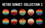 Fototapeta Zachód słońca - Vintage sunset collection in 70s 80s style. Regular and distressed retro sunset set. Five options with textured versions. Circular gradient background. T shirt design element. Vector illustration,flat