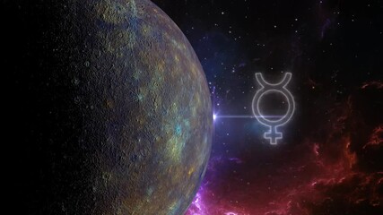 Wall Mural - planet mercury in retrograde 360 rotating with zodiac sign 3d footage