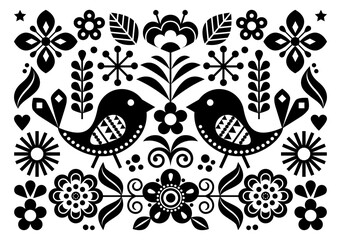 Poster - Scandinavian folk art vector cute floral pattern, greeting card or invitation A7 format black and white design with birds, flowers inspired by traditional embroidery from Sweden, Norway and Denmark
