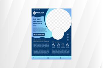 Wall Mural - Set of the best swimming program flyer template design. vertical or portrait layout with space for photo collage in circle shape. dark blue background combined with blue gradient element. 
