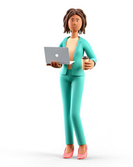 Wall Mural - 3D illustration of smiling african american woman holding laptop and paper coffee cup. Cute cartoon standing elegant businesswoman in green suit, isolated on white.