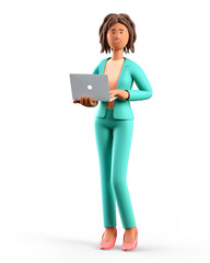 3D illustration of smiling african american woman using laptop. Cute cartoon standing elegant businesswoman in green suit with computer, isolated on white.