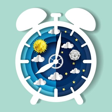 Fototapete - Paper cut craft style clock with day and night sky on dial, vector illustration. Sleep wake cycle. Circadian rhythm, internal body clock.