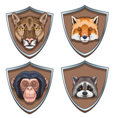 Sticker - bundle of four animals heads characters in shields