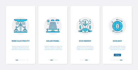 Wall Mural - Sustainable alternative sources of energy technology vector illustration. UX, UI onboarding mobile app page screen set with line electric eco light bulb, windmill turbine, solar panel to save ecology