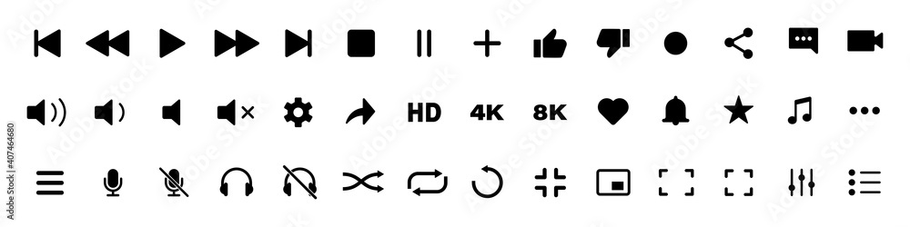video media player icons vector set. multimedia music audio control ...