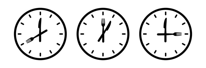 Wall Mural - food time. kitchen clock vector logo. spoon, fork, knife, plate, menu, dish set. isolated on white background. Table setting concept. fastfood design. food market logotype.