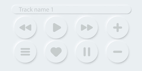 Online music player vector buttons. 3d modern design ui play stop button. Neomorphism graphic interface isolated button set. Video app click icons on white background. Playlist control signs.