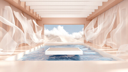 3d render abstract platform podium on water and waving curtains. realistic pastel mock-up for produc