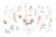 Watercolor Happy Easter baby bunnies design with spring blossom flower. Rabbit bunny kids. Easter cartoon forest hare animal bunny holiday funny decoration. Nursery 
