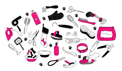 Grooming tools for dog`s fur and nails care.Vector set in doodle style.Outline vet equipment.Online pet shop or store.Ordering goods for domestic animal from flat.Salon at home.Glamour.Pink and black.