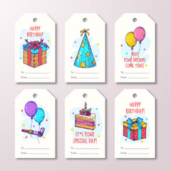Wall Mural - happy birthday greeting cards or ready-to-use gift tags or labels templates set. hand drawn cake, ba