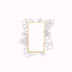 Canvas Print - Monstera and Fern Tropical Leaves Blank Banner or Label Template. Abstract Foliage with Rectangle Golden Frame. Good for Wedding or Party Invitation, etc. Isolated