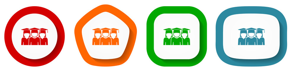 Sticker - Education, educate, graduate, group of students vector icon set, flat design buttons on white background