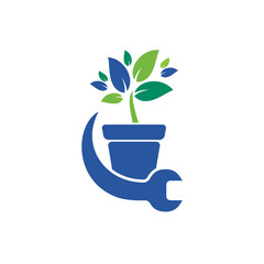 Garden fix vector logo concept. Flower pot and wrench logo icon.