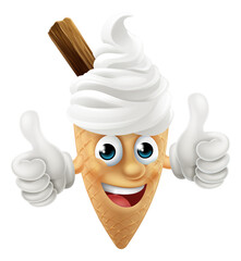 Wall Mural - An ice cream waffle cone with chocolate cartoon character mascot giving at thumbs up