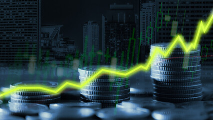 Wall Mural - Financial investment concept, Double exposure of city night and stack of coins for finance investor, Forex trading candlestick chart economic, ECN Digital economy, business, money, passive income.