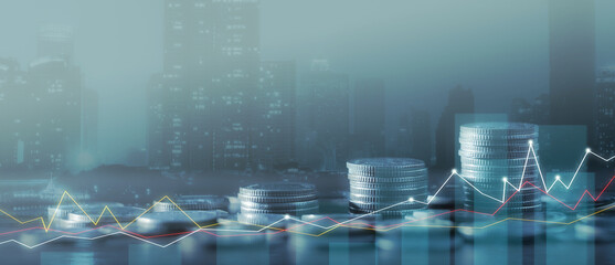 Wall Mural - Financial investment concept, Double exposure of city night and stack of coins for finance investor, Forex trading candlestick chart economic, ECN Digital economy, business, money, passive income.