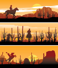 Silhouette Of Western Cowboy Riding A Horse In The Desert Vector Labels 