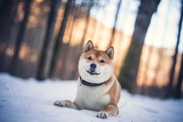 Wall Mural - Portrait of an Shiba inu in the snow. Dog lying on the snowy ground . Sunlight shines trough the trees. Happy dog in winter