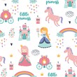 Childish seamless pattern with princess, castle, carriage in Scandinavian style. Creative vector childish background for fabric, wrapping, textile, wallpaper, apparel