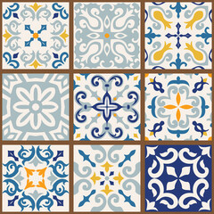 Wall Mural - Collection of 9 colorful tiles. Seamless patchwork tile with Islam, Arabic, Indian, Ottoman motives. Majolica pottery tile, blue, yellow azulejo, original traditional Portuguese and Spain decor.