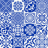 Fototapeta Kuchnia - Set of 16 tiles Azulejos in blue, white. Original traditional Portuguese and Spain decor. Seamless patchwork tile with Victorian motives. Ceramic tile in talavera style. Gaudi mosaic. Vector
