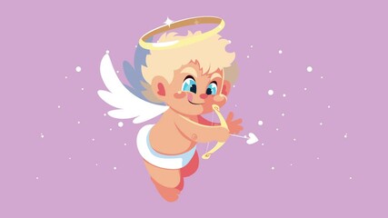 Sticker - happy valentines day card with cupid angel flying and arch