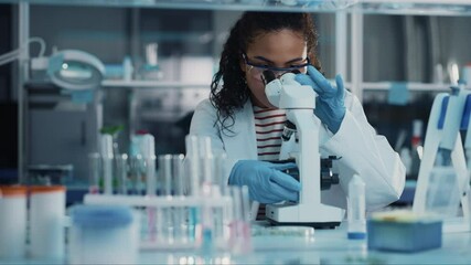 Wall Mural - medical science laboratory: portrait of beautiful black scientist looking under microscope does anal