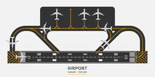 Top View Of Airport Runway And Taxi Way With Airplane, Vector Illustration