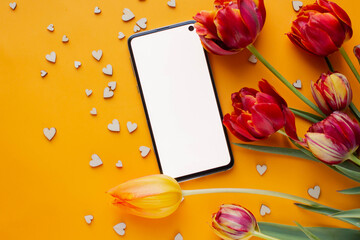 Wall Mural - phone mockup with tulip flowers, flower, blossom, flat lay, top view digital invitation